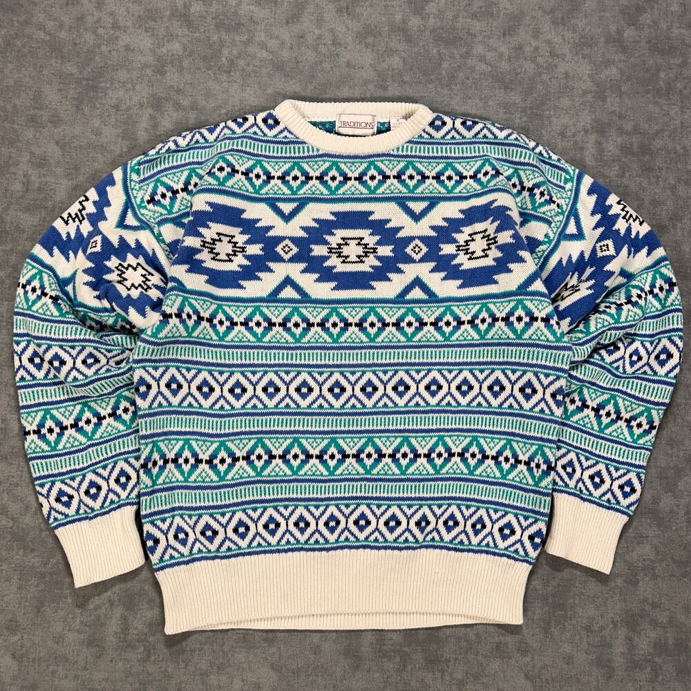 Vintage Traditions Cotton Southwestern Aztec Fair Isle Knit Sweater Womens XL